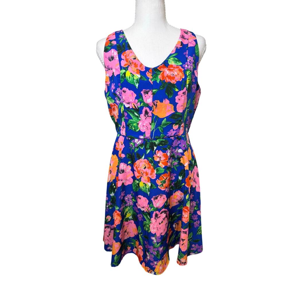 One Clothing Cobalt Blue Floral Fit & Flare Dress Sleeveless Back Zip
